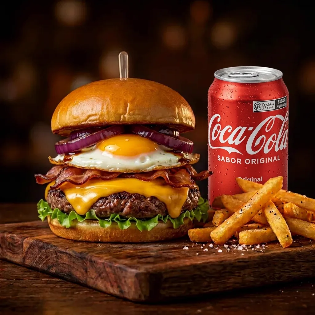 Detalhe do Combo Marge: hambúrguer com ovo, bacon, cebola roxa e cheddar derretido